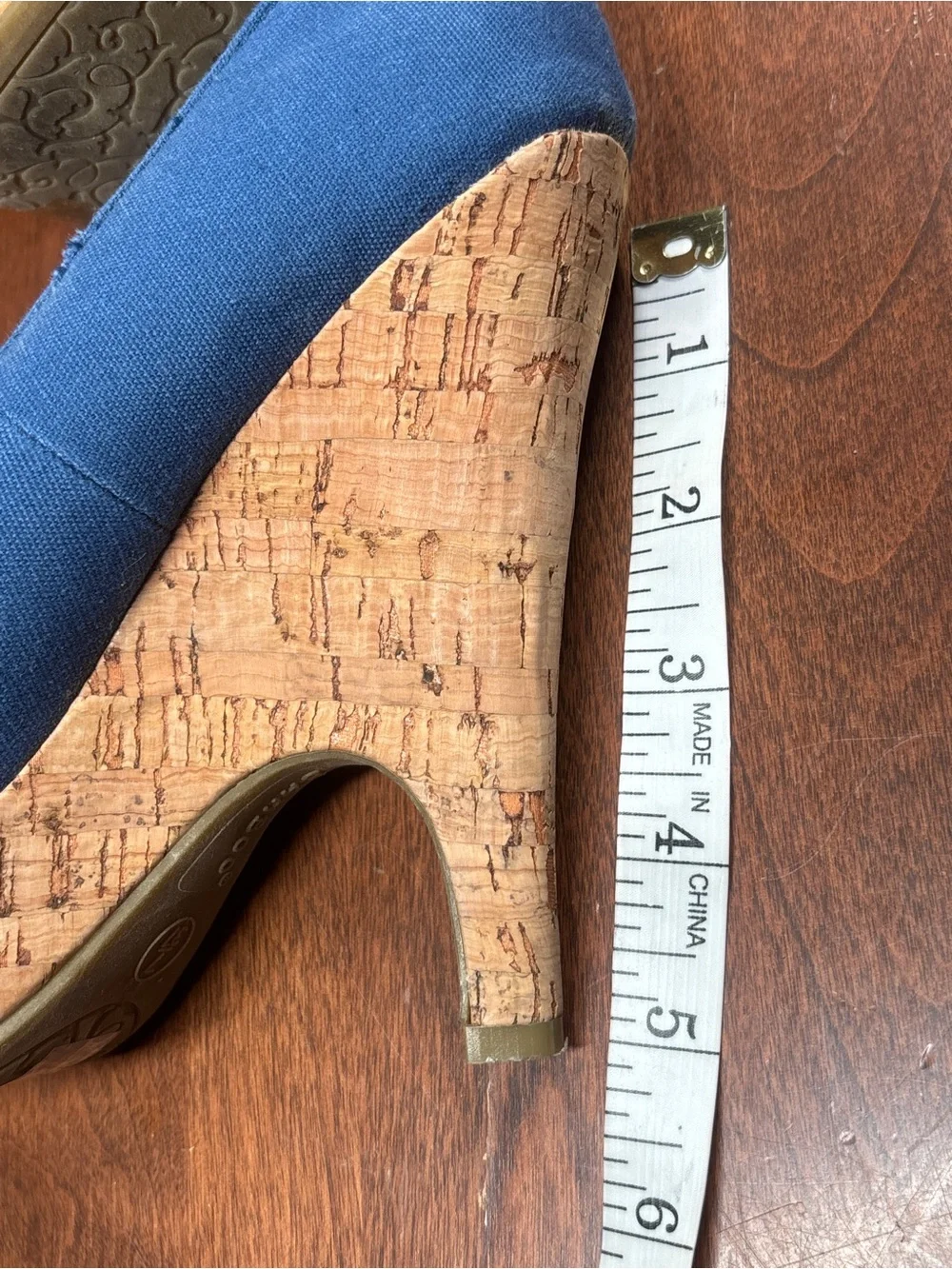 BAMBOO Blue Canvas Cork Platform Peep-Toe Wedges